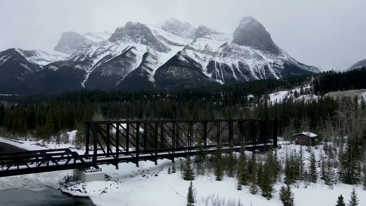 Pan left of Engine Bridge Canmore winter