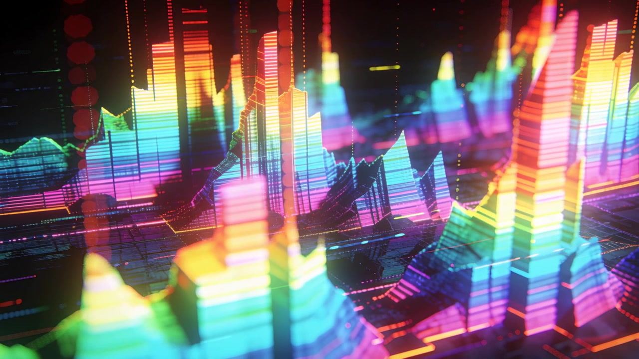 Responding to camera pan, neon peaks brightening shifting bands on black grid to reveal depth