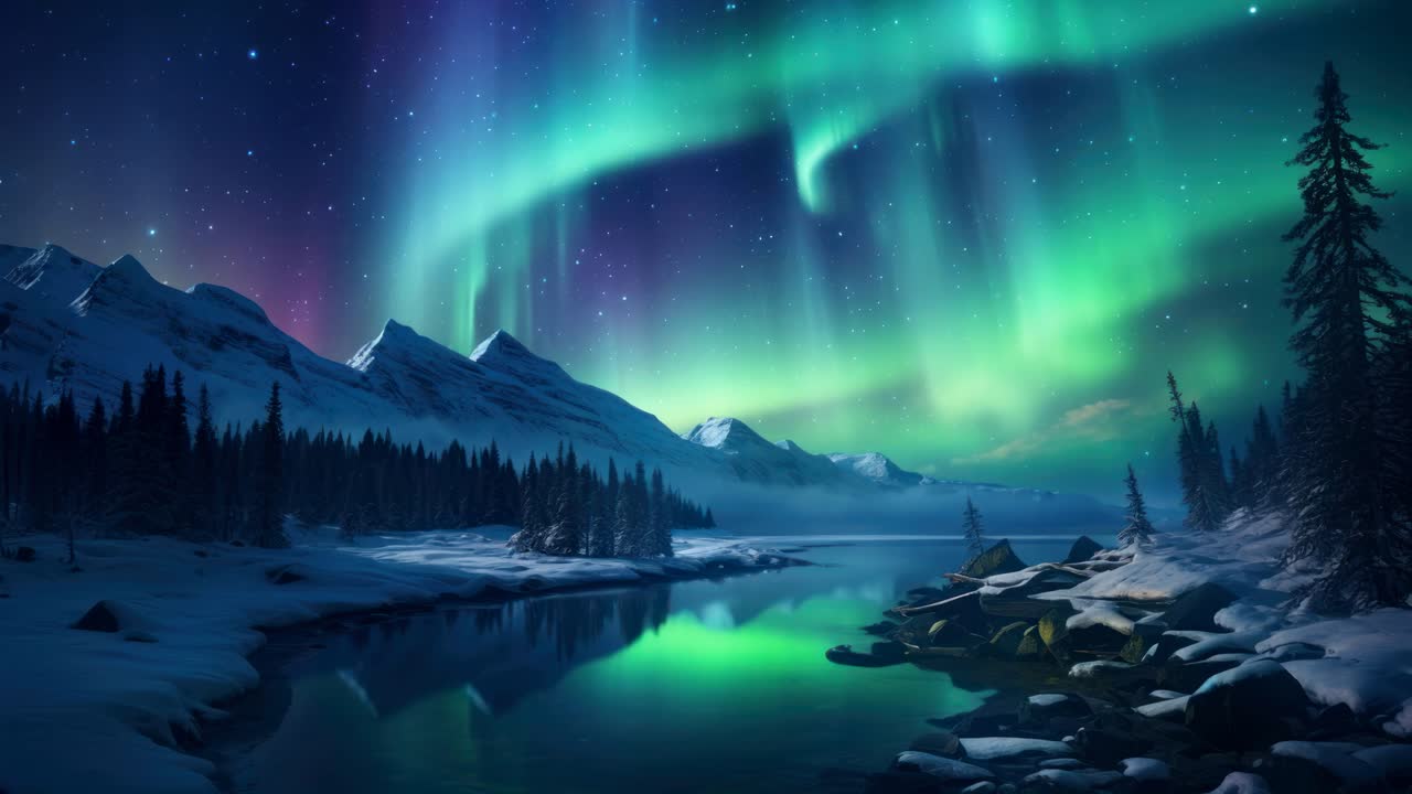 Stunning wide-angle shot of the Northern Lights over a snowy landscape, reflecting in a tranquil