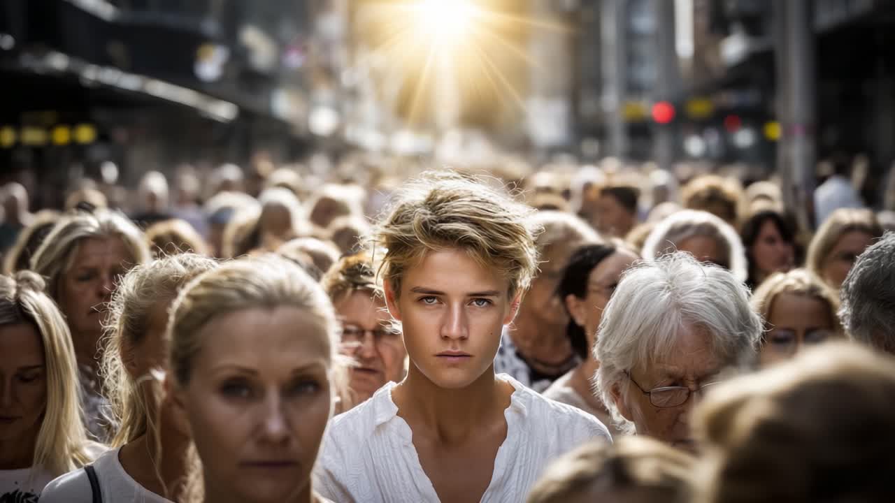 A young individual stands out in a bustling crowd, illuminated by a striking sunbeam, embodying a profound sense of isolation amidst the masses in a vibrant urban setting