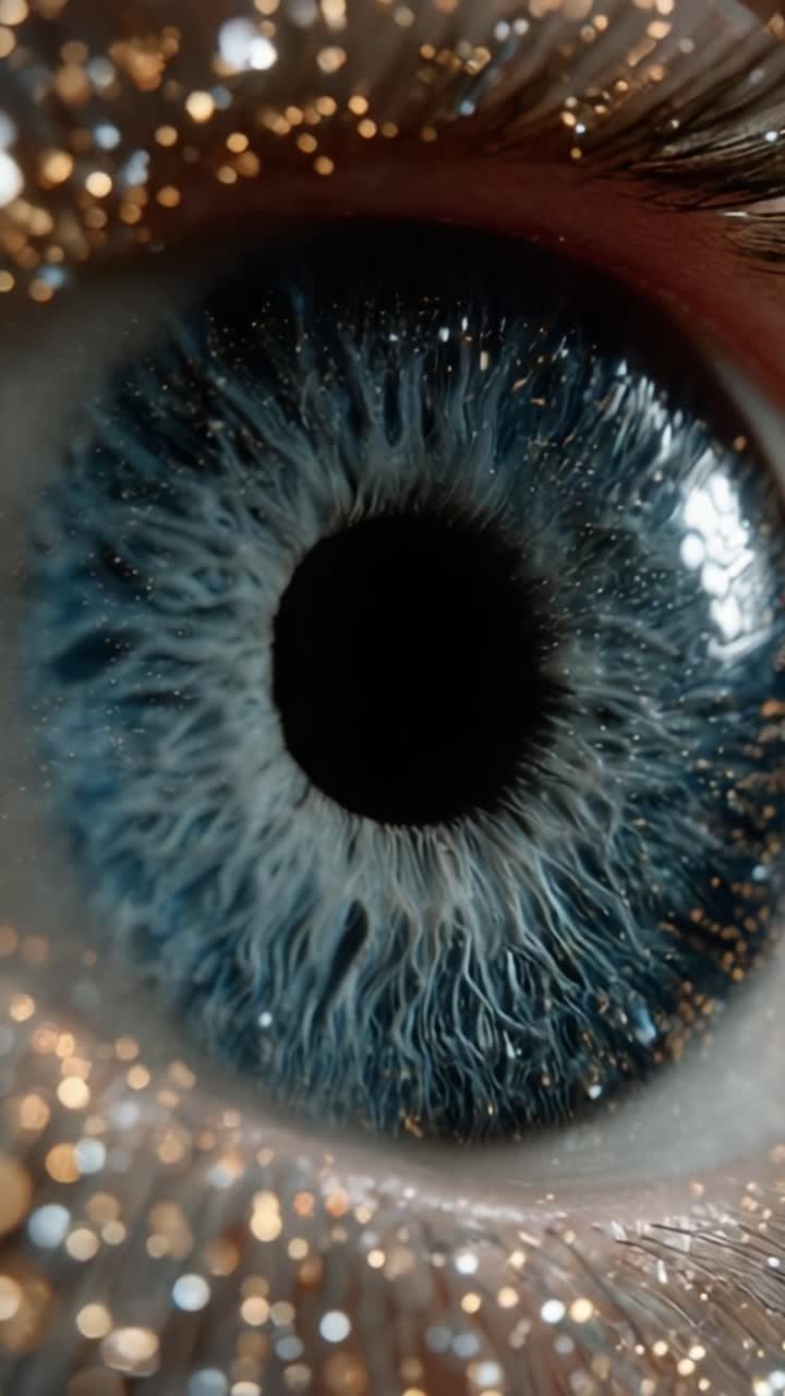An Extreme Close-Up of a Brilliant Blue Eye Sparkling with Intricate Details and Twinkling Glitter, Capturing the Unique Beauty and Depth of Human Vision