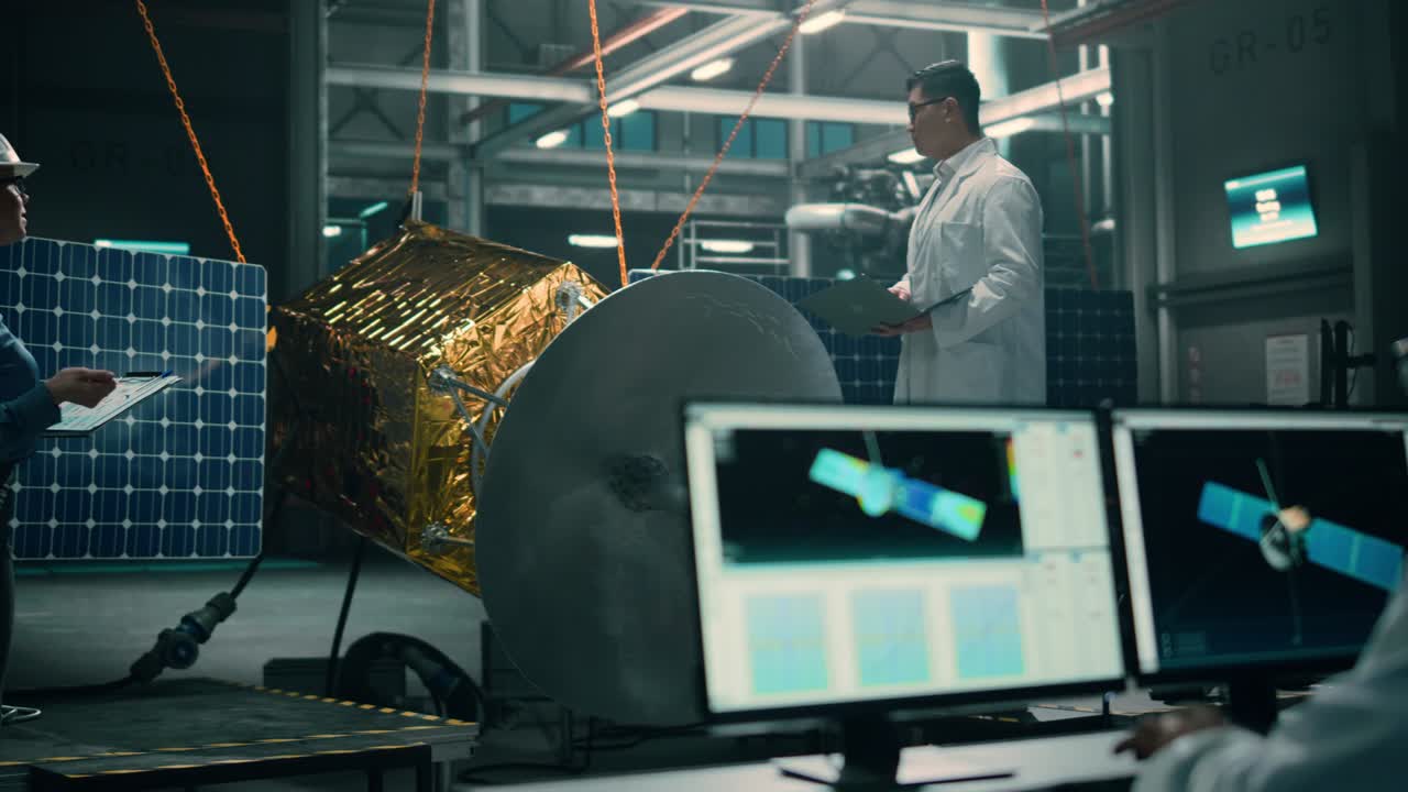 team di ingegneri che lavorano alla costruzione di satelliti. agenzia aerospaziale fabbrica di navi spaziali: gruppo diversificato di scienziati multietnici che sviluppano veicoli spaziali per il programma spaziale internazionale.