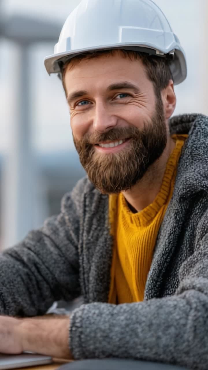 A smiling construction worker wearing a hard hat and a cozy sweater, demonstrating professionalism and approachability on a job site