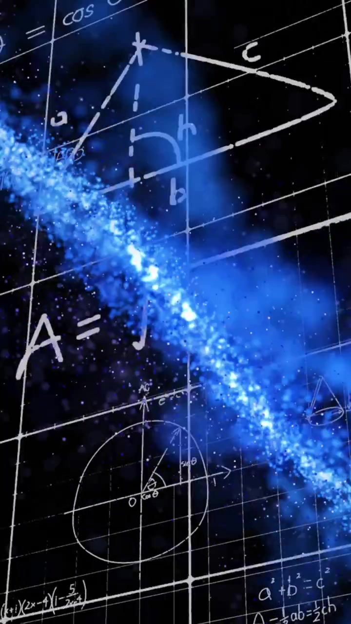Animation of math formulas and blue glitter on black background