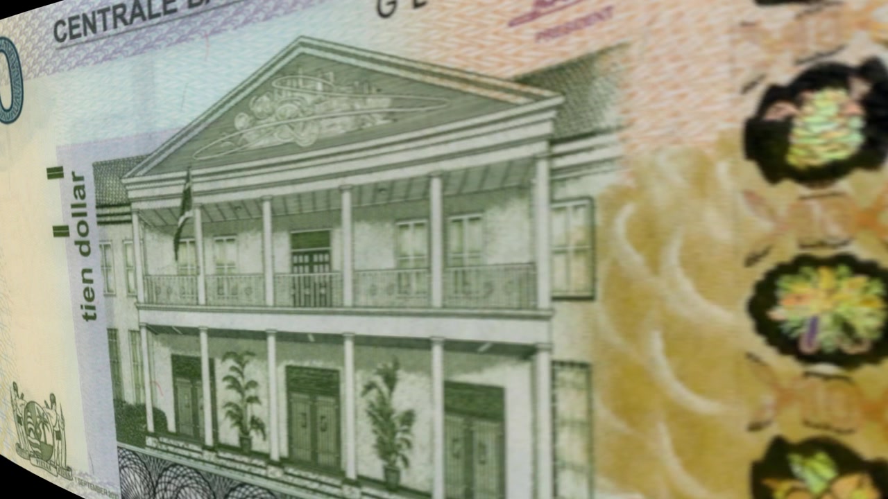 Billeder af ti surinamske dollar pengesedler