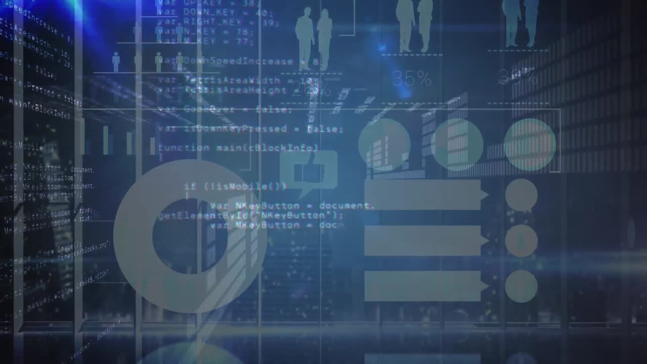 animación de siluetas de personas, formas blancas y datos e información en movimiento