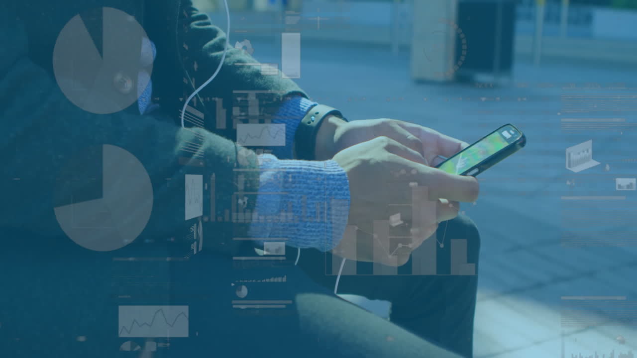 Animation of data processing and diagrams over biracial man using smartphone in city