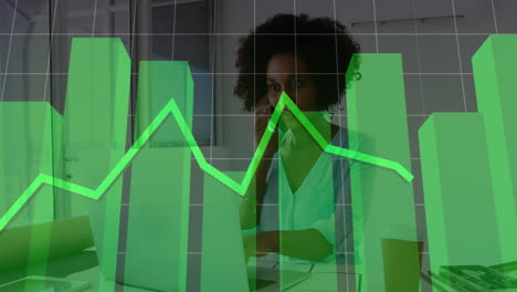 animation of graphs and grid pattern over biracial woman working on laptop and talking on cellphone