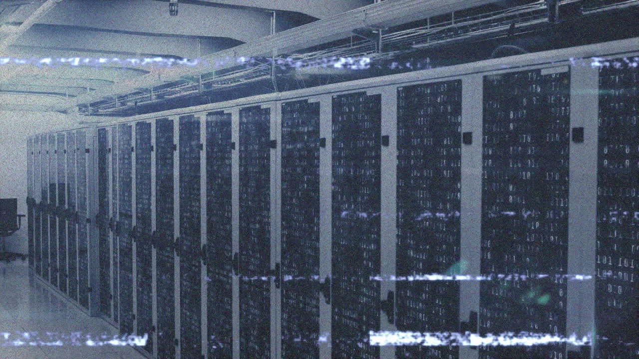 Animation overlaying glitch effect on rows of servers in data center