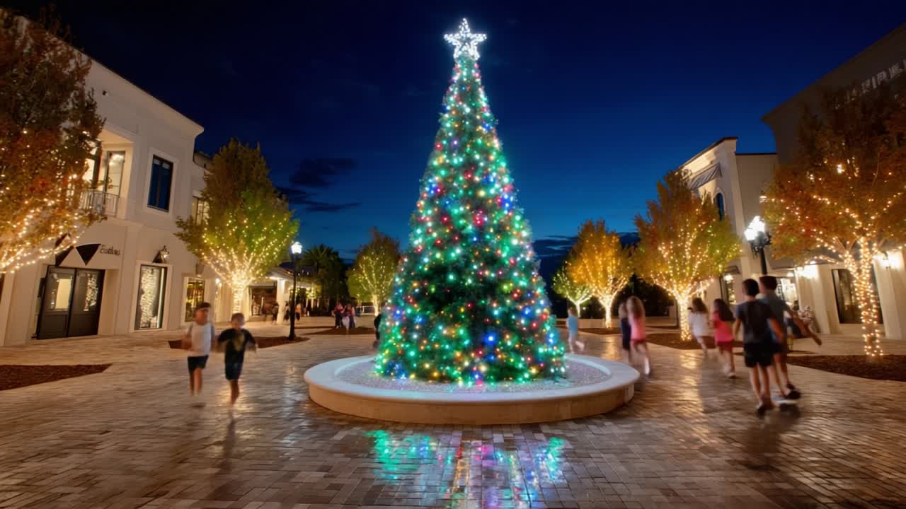 Joyful Children Celebrate the Festive Season Around a Beautifully Lit Christmas Tree in a Vibrant Evening Scene Filled with Colorful Lights and Holiday Spirit in a Charming Community Setting