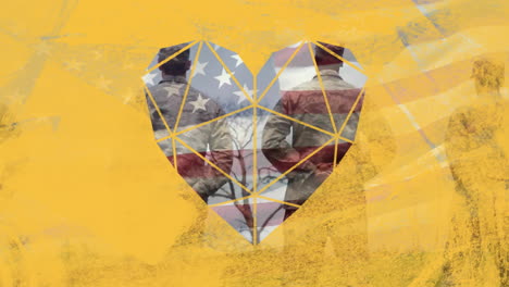 animation of diamond heart and yellow texture over american flag and diverse male soldiers