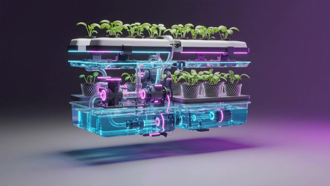 Sistema idroponico avanzato che mostra una vegetazione vibrante in un design futuristico fluttuante con accenti LED, presentando innovazioni nella tecnologia agricola e nella sostenibilità