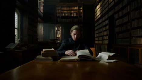 man studying in a grand library