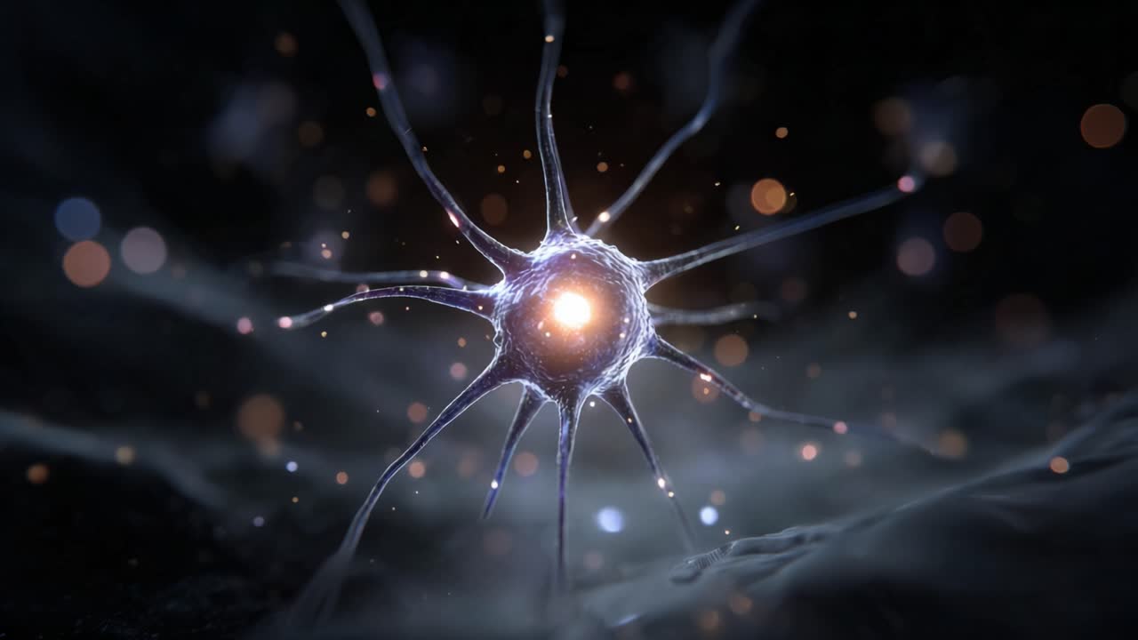 Exploring the Intricacies of Neurons: A Detailed Visual Representation of a Neuron Firing in a Microscopic Environment with Glowing Tendrils and Pulsating Light