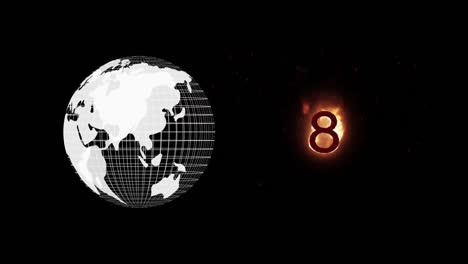 Animation-of-number-8-on-fire-and-globe-spinning-on-black-background