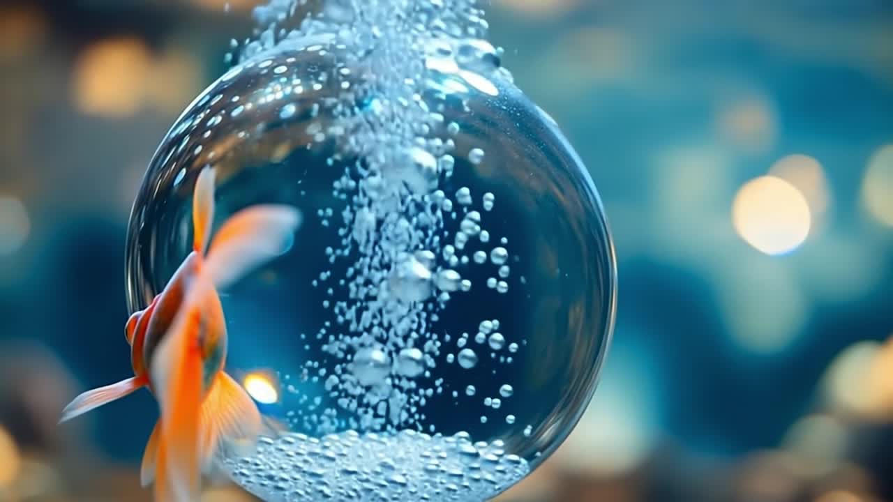 Goldfish swimming in a bubble with air. Goldfish swims playfully inside a bubble surrounded by air bubbles in a vibrant aquatic environment.