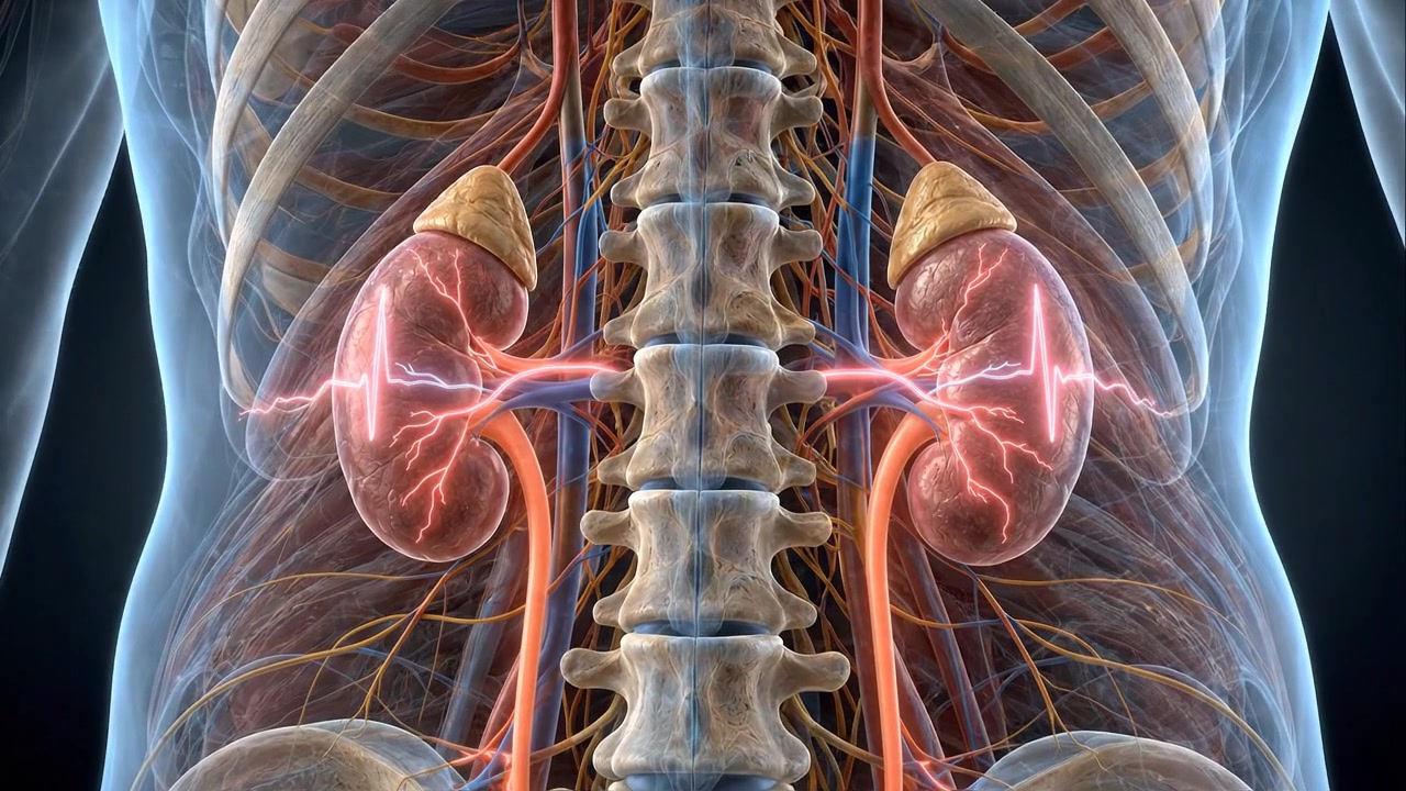 Human kidneys and spinal column displayed inside transparent torso in rear medical view