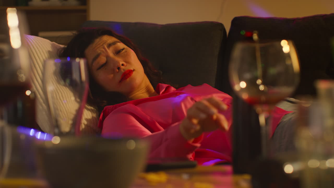 mujer despertando en el sofá después de beber alcohol en la fiesta de la casa sufriendo de resaca contestando el teléfono móvil 1