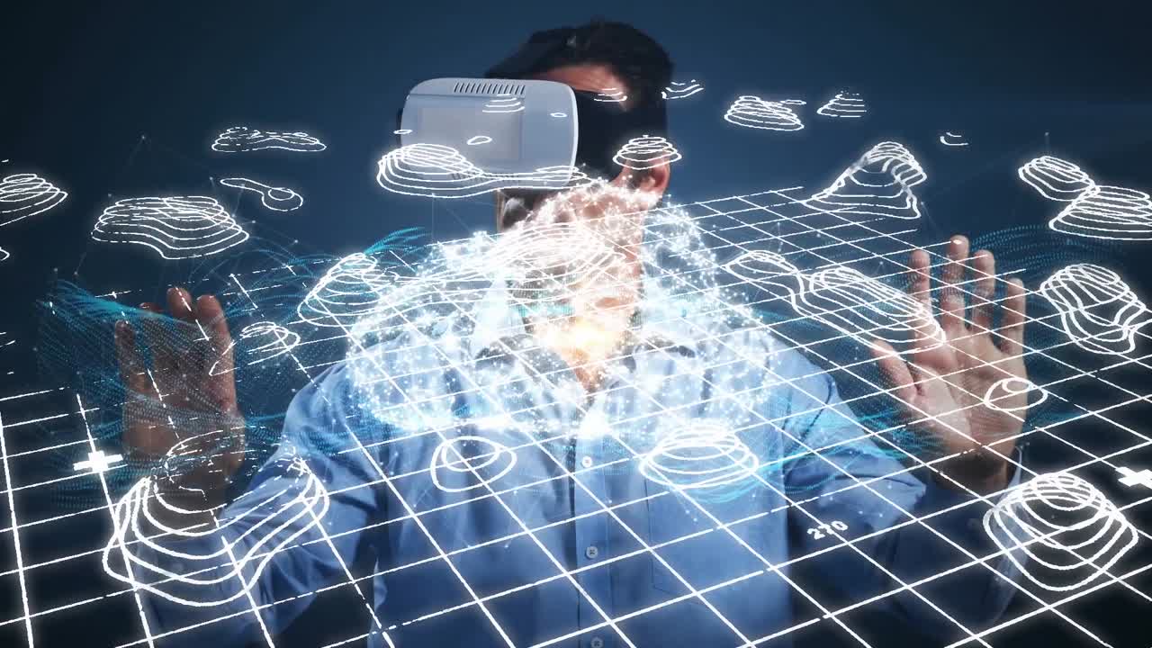 Animation of man wearing virtual reality headset against grid with map lines