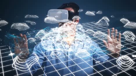 animación de un hombre con auriculares de realidad virtual contra una cuadrícula con líneas de mapa