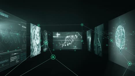 animación de la red de conexiones y procesamiento de datos médicos en pantallas
