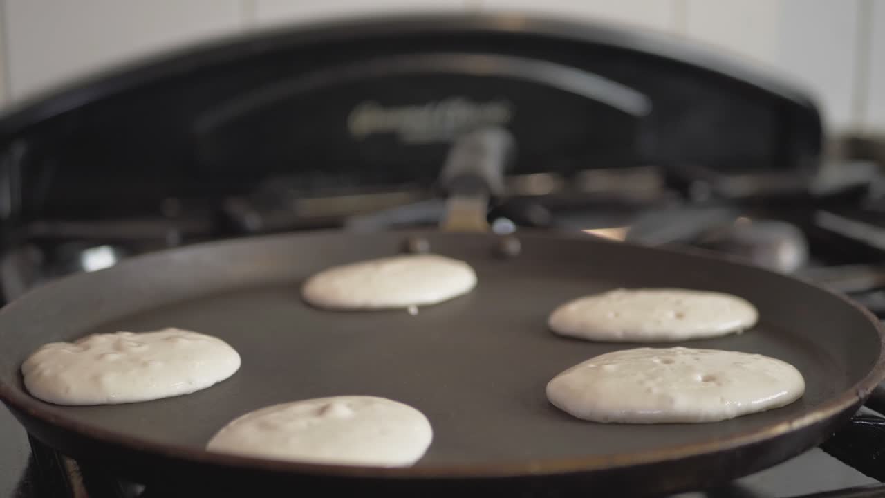Five American Pancakes Cooking In A Hot Pan