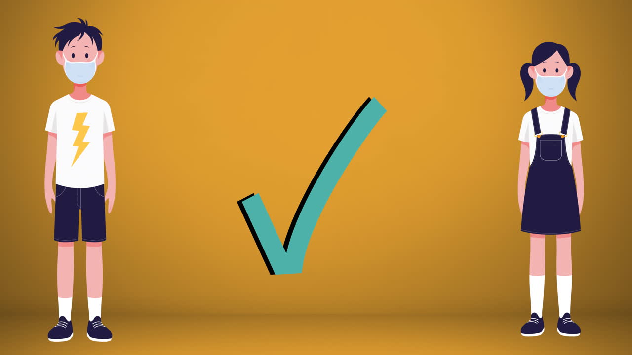 iconos de niños y niñas con máscaras faciales manteniendo la distancia social contra un fondo amarillo