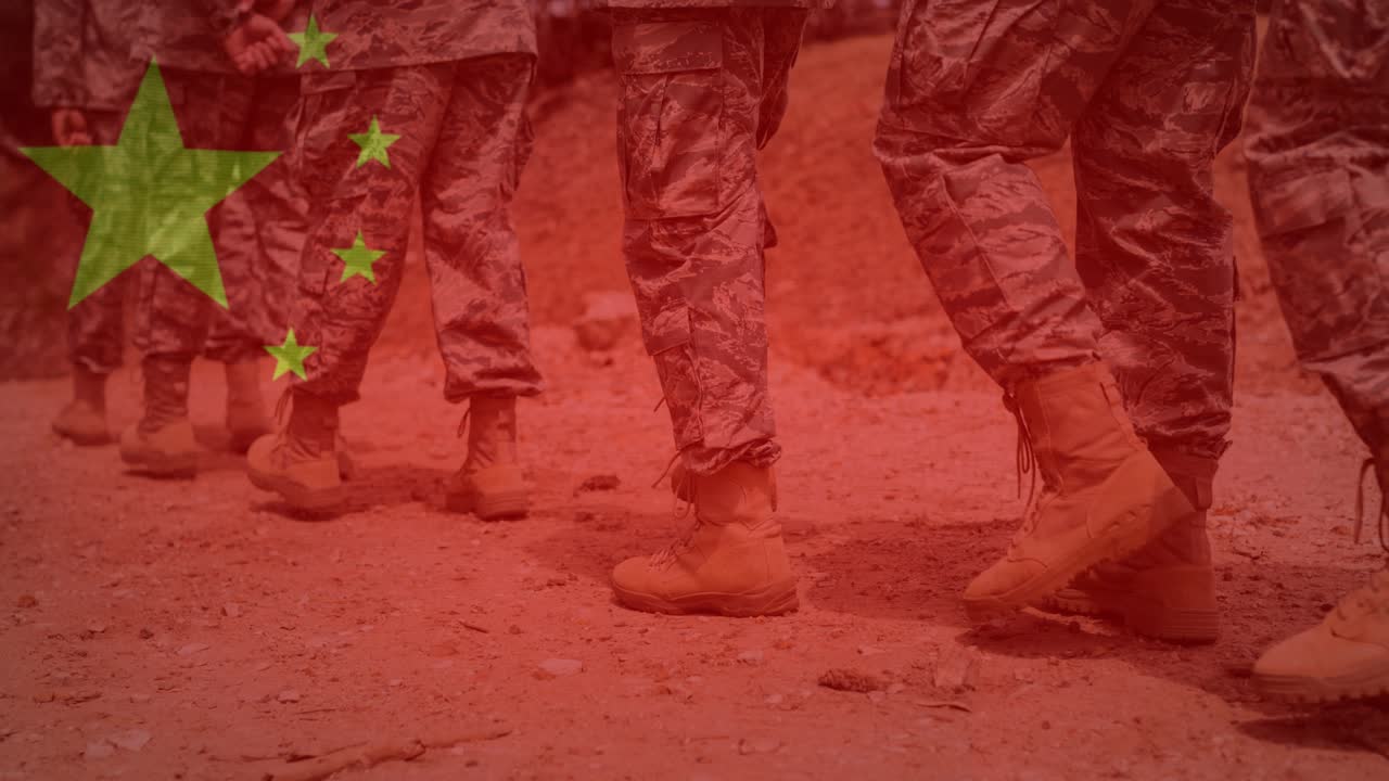 군인 들 의 중간 부분 위 에 있는 중국 의  ⁇ 발 의 애니메이션