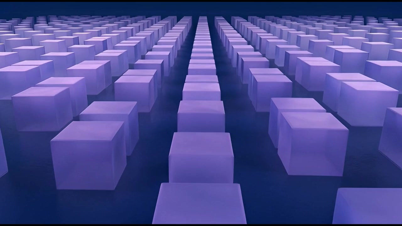Abstrakt animation af glødende lilla terninger, der bevæger sig i rækker
