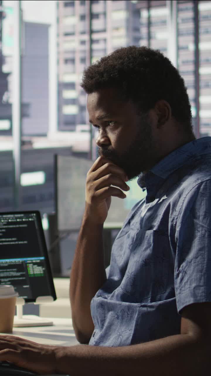Vertical video IT professional working with AI tech to transform data into predictive models