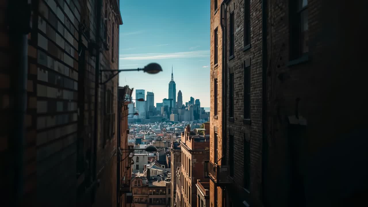 Telecamera che zooma rivelando uno stretto vicolo urbano che inquadra in lontananza una guglia, mostrando un muro di mattoni illuminato dal sole e una lampada