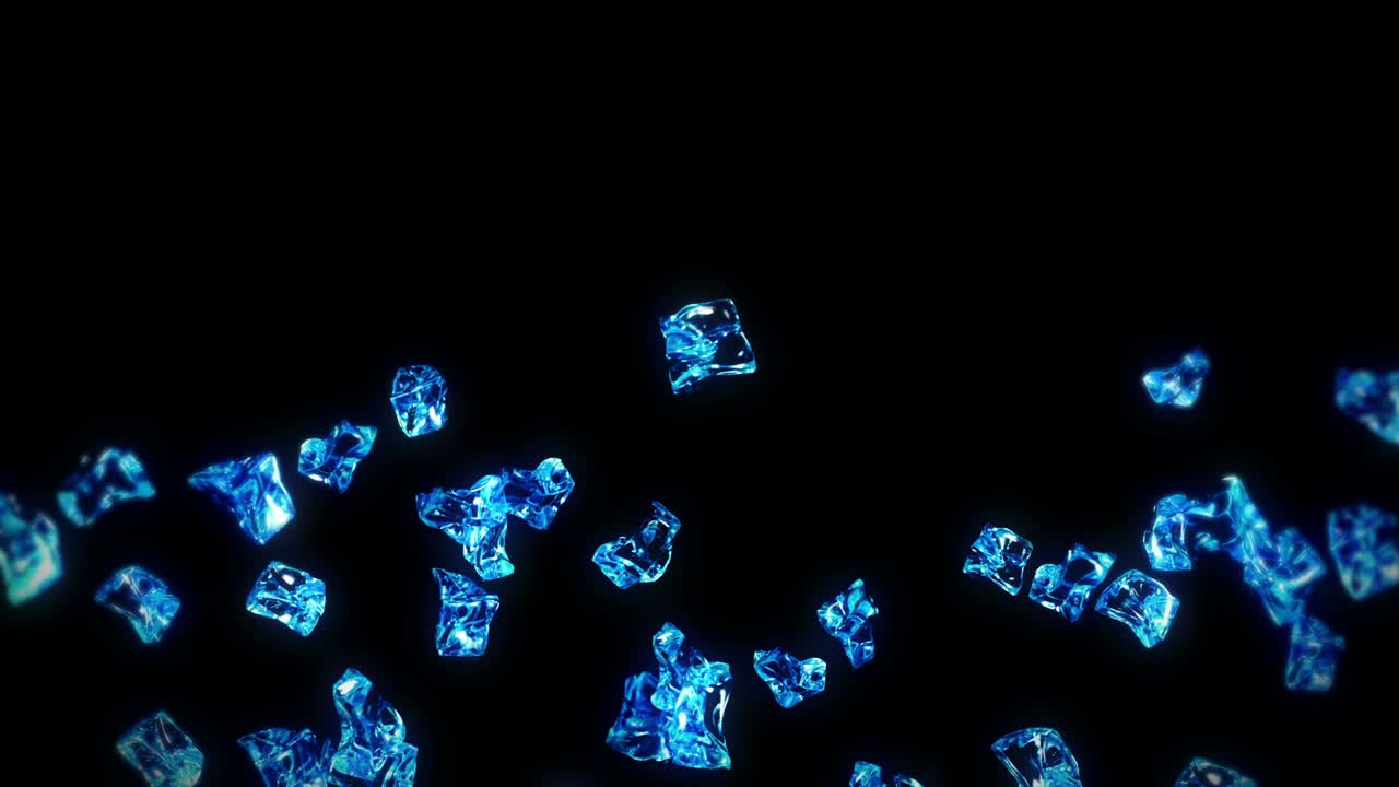 검은색 바탕에 많은 깨한 얼음 큐브를 날아. 부서진 얼음 조각, 자연 물. 부러진 얼음의 3d 애니메이션 회전. 루프 애니메이션.