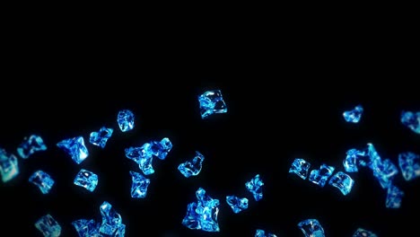 volando muchos cubos de hielo limpios sobre un fondo negro. piezas de hielo triturado, agua natural. animación 3d de hiela triturada girando. animación de bucle.