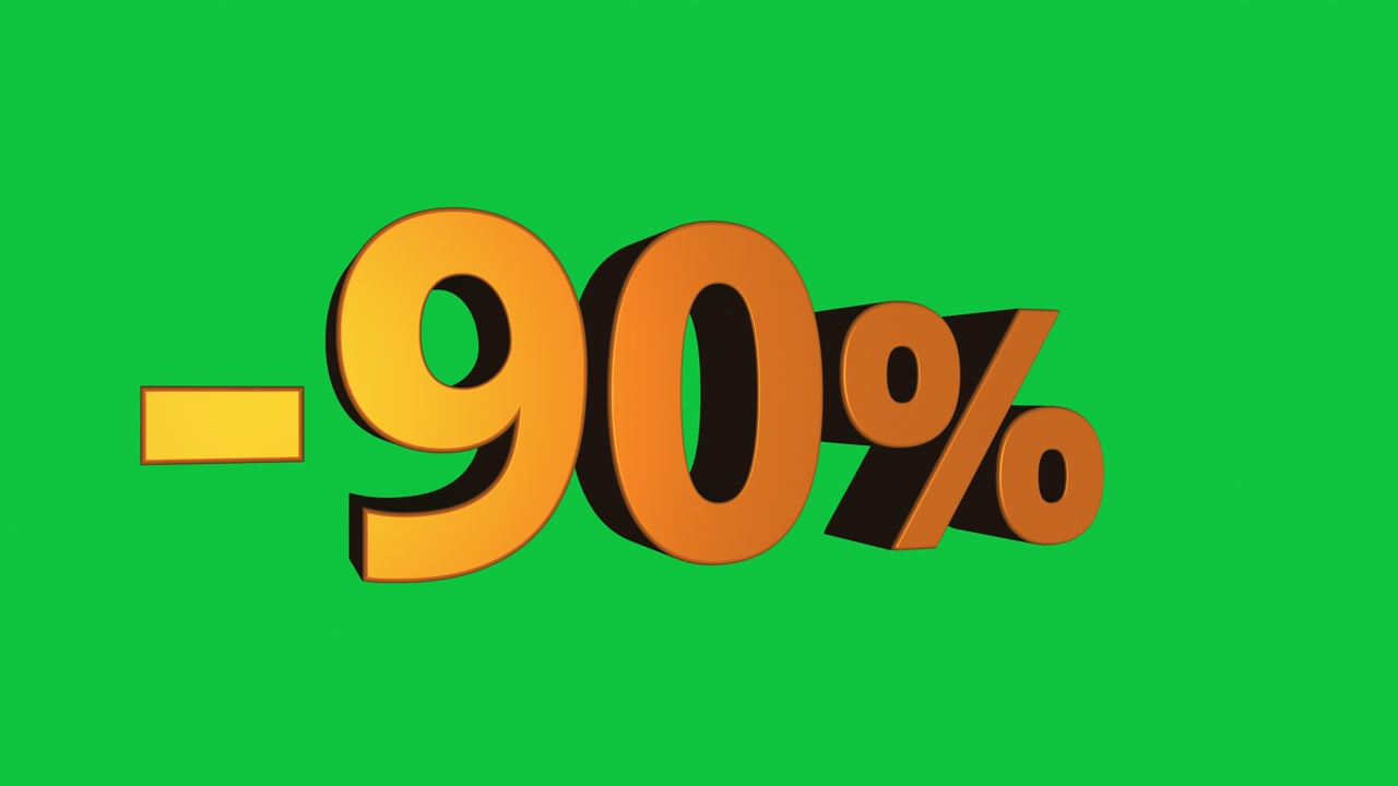 Animated 3D minus 90 percent sign rotating on green background in seamless loop