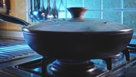 side view of a frying pan covered with glass lid