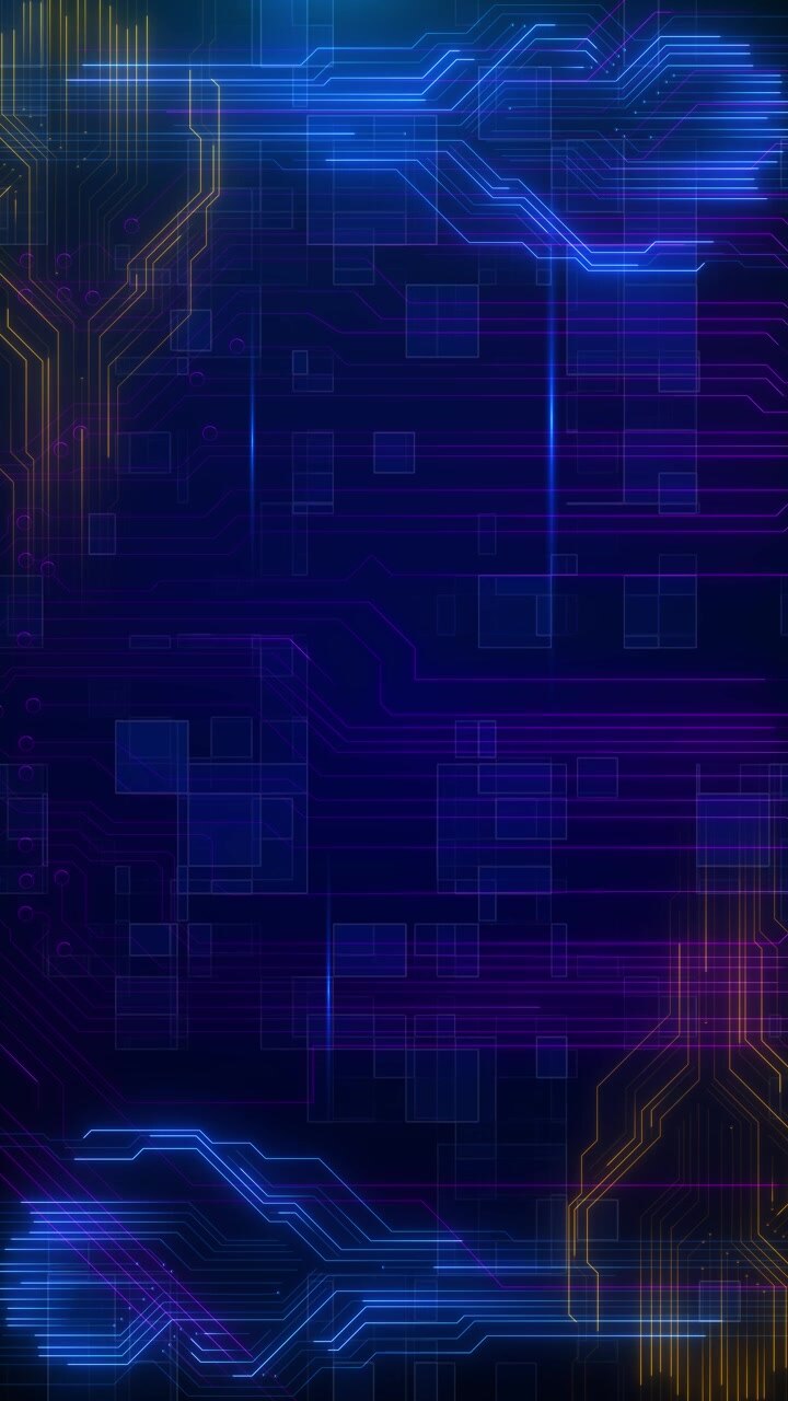 Sfondo griglia di circuiti futuristici tracce neon blu pannelli viola accenti dorati elettronico a strati