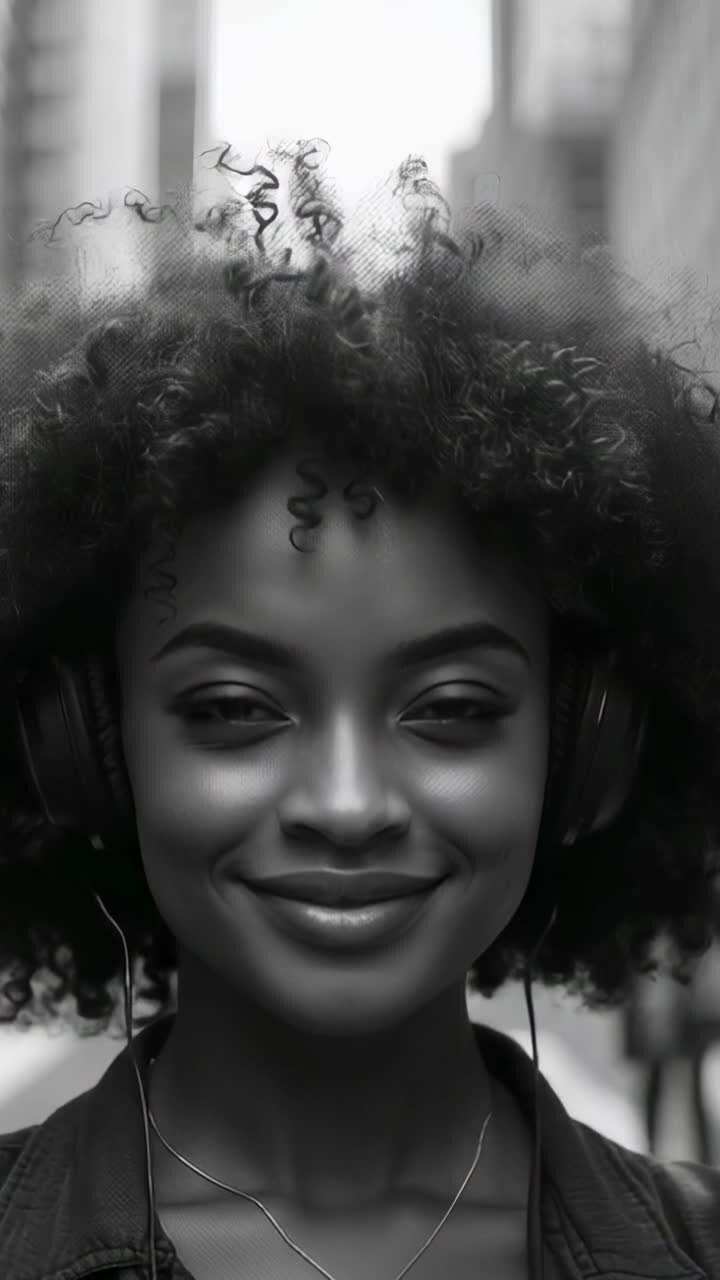 Vídeo vertical: una mujer caminando por la calle sonríe al escuchar música con los auriculares y una chaqueta