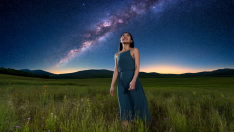 woman stargazing under the milky way in a grassy field