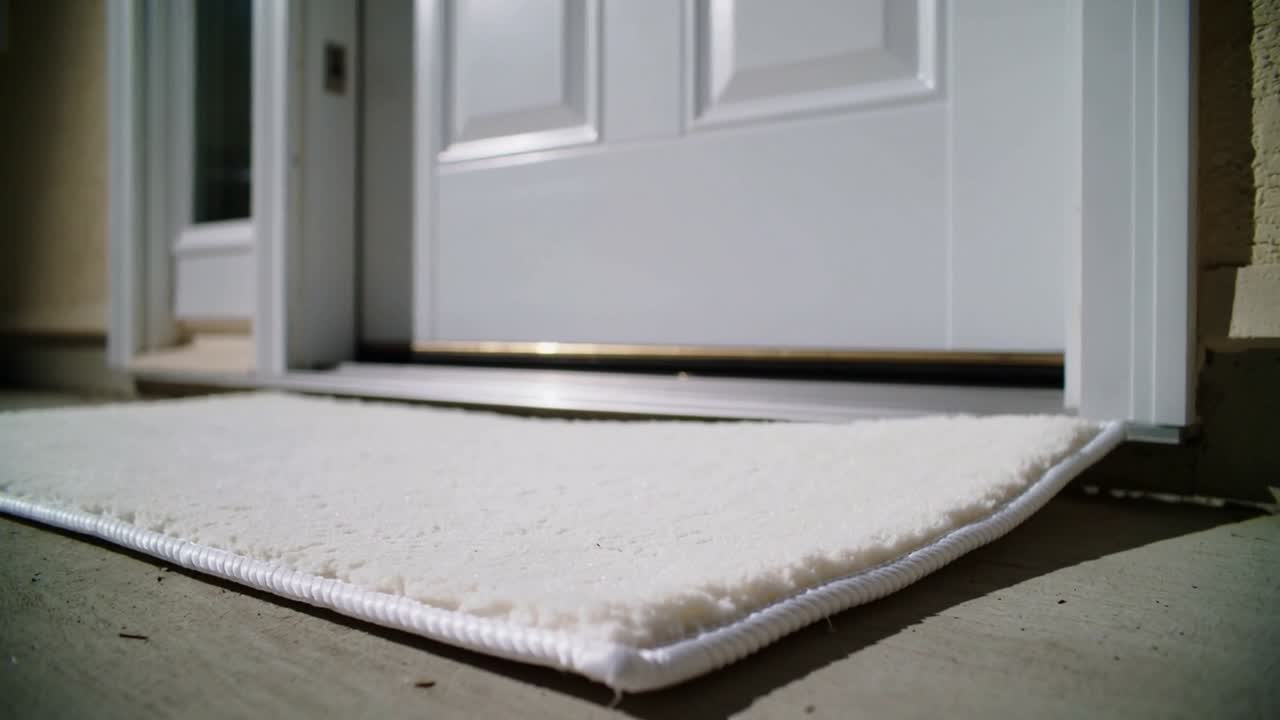 Mat lifting corner flattening on home stoop as closing door sliding under threshold to seal entry