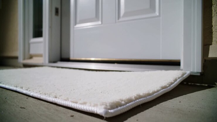 Mat lifting corner flattening on home stoop as closing door sliding under threshold to seal entry