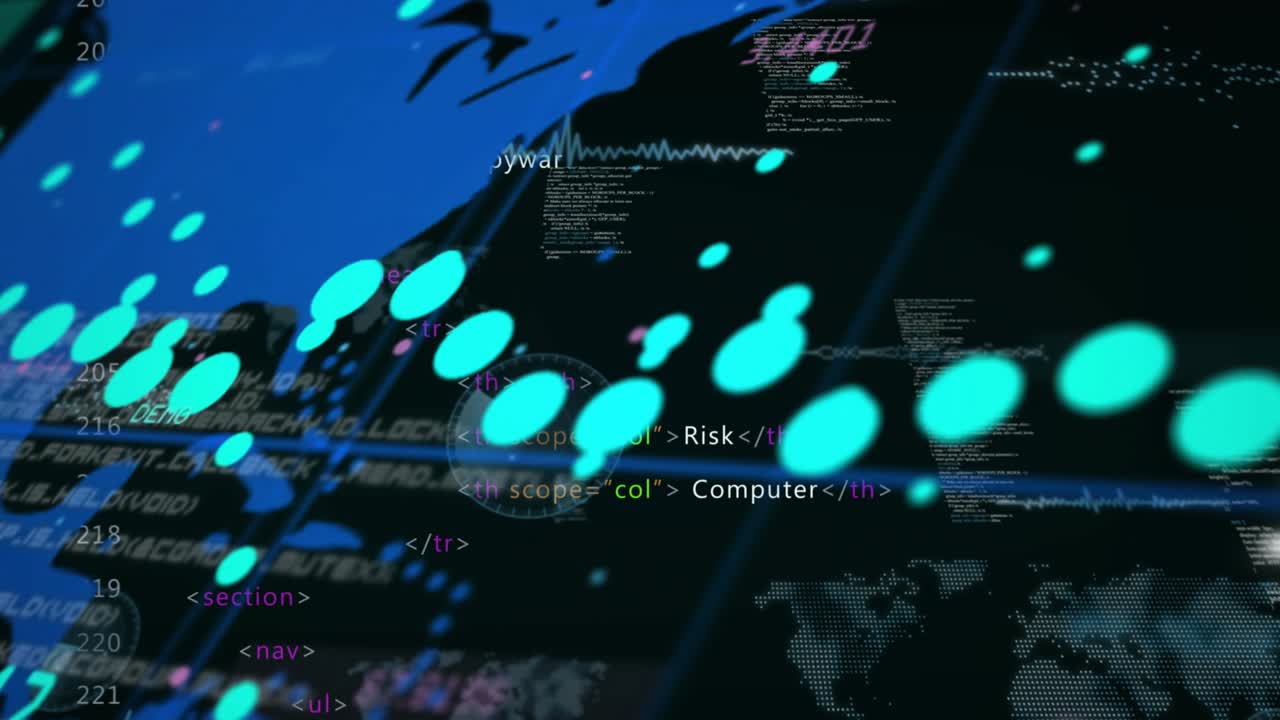 Code scrolling starting world map emerging points aligning metrics updating live dashboard
