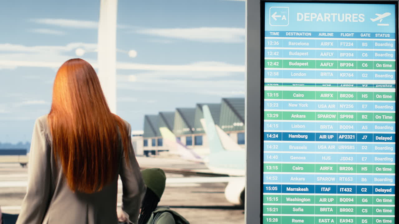 Terminal de aeropuerto concurrida con viajeros consultando información de vuelos