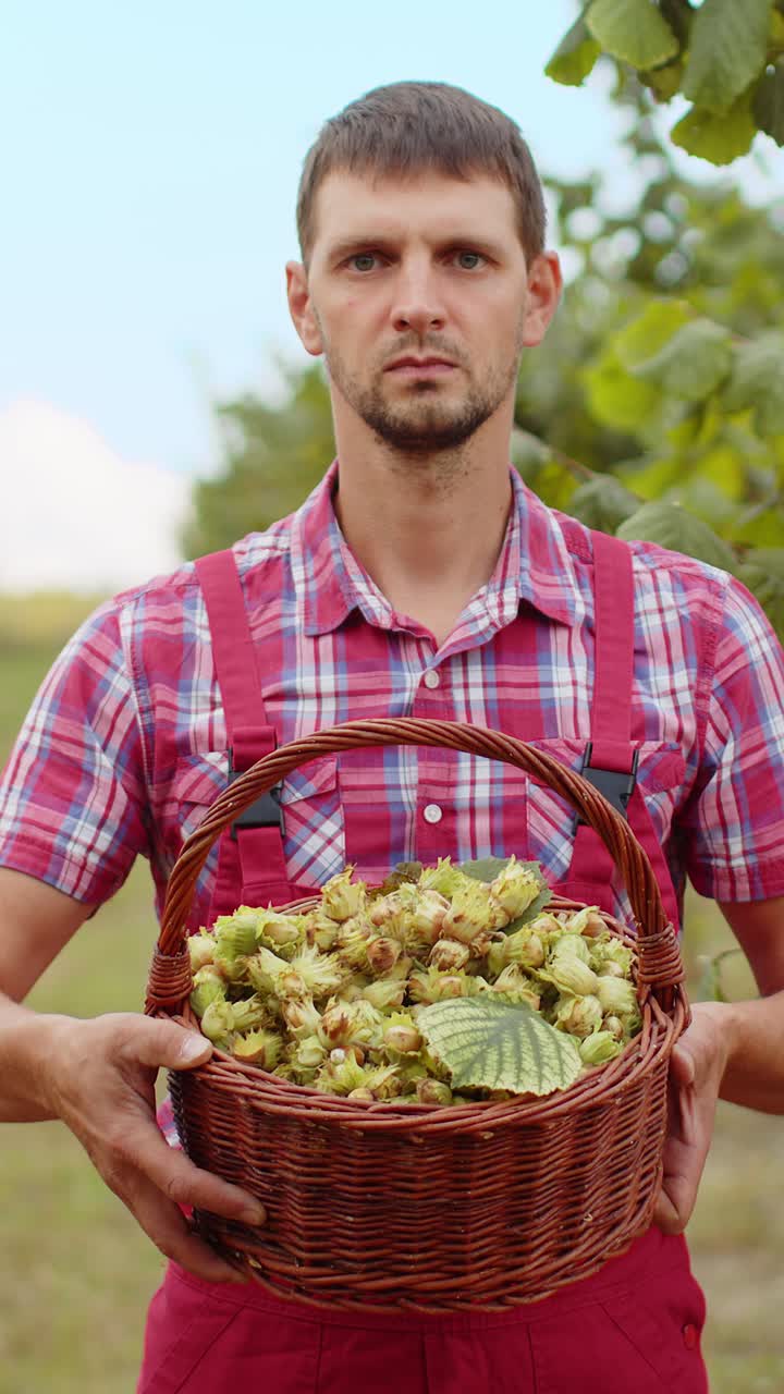un agrónomo feliz muestra una buena cosecha de avellanas crudas sosteniendo una cesta llena de nueces en las manos en el jardín