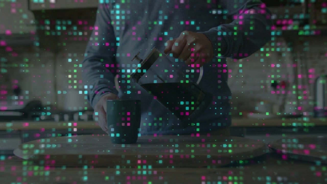 Mature man reaching kettle, pouring, making drink, pixel grid flickering over mug, technology