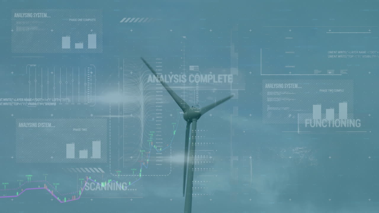 Animation of interface with data processing and light spot over spinning windmill against blue sky