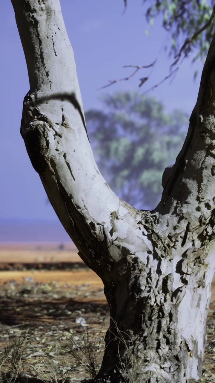 Tree trunk with textured bark near a water body in the afternoon light