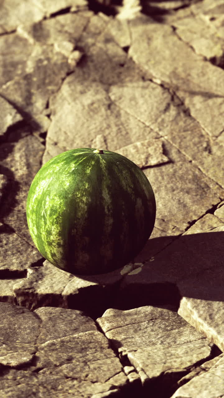 Unique watermelon resting on textured rocks in warm afternoon light
