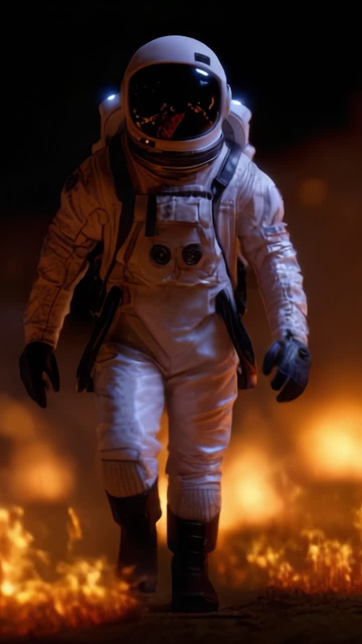 Astronauta Caminando por un Paisaje Ardiente, Rodeado de Llamas y Humo, Capturando la Intriga de la Exploración Espacial y la Aventura de la Humanidad Más Allá de la Tierra