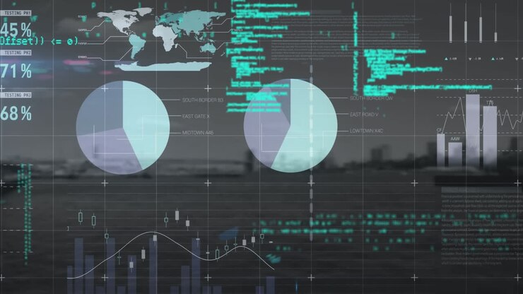 Animation of digital screen with graphs and diverse data over landscape