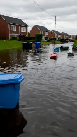 flooded residential street with floating bins